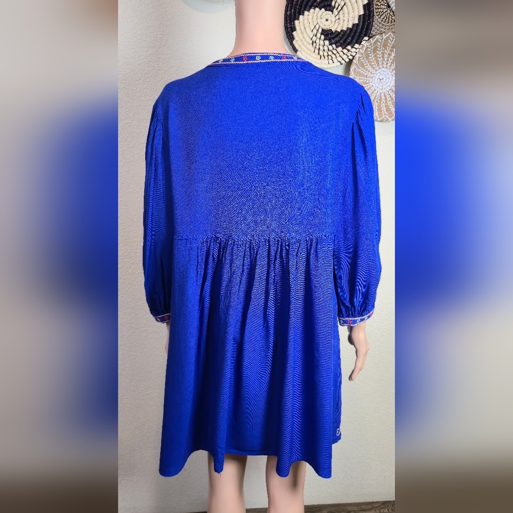 Solitaire Royal Blue Embroidered Bohemian Peasant Dress With Pockets Size Large - Picture 13 of 13
